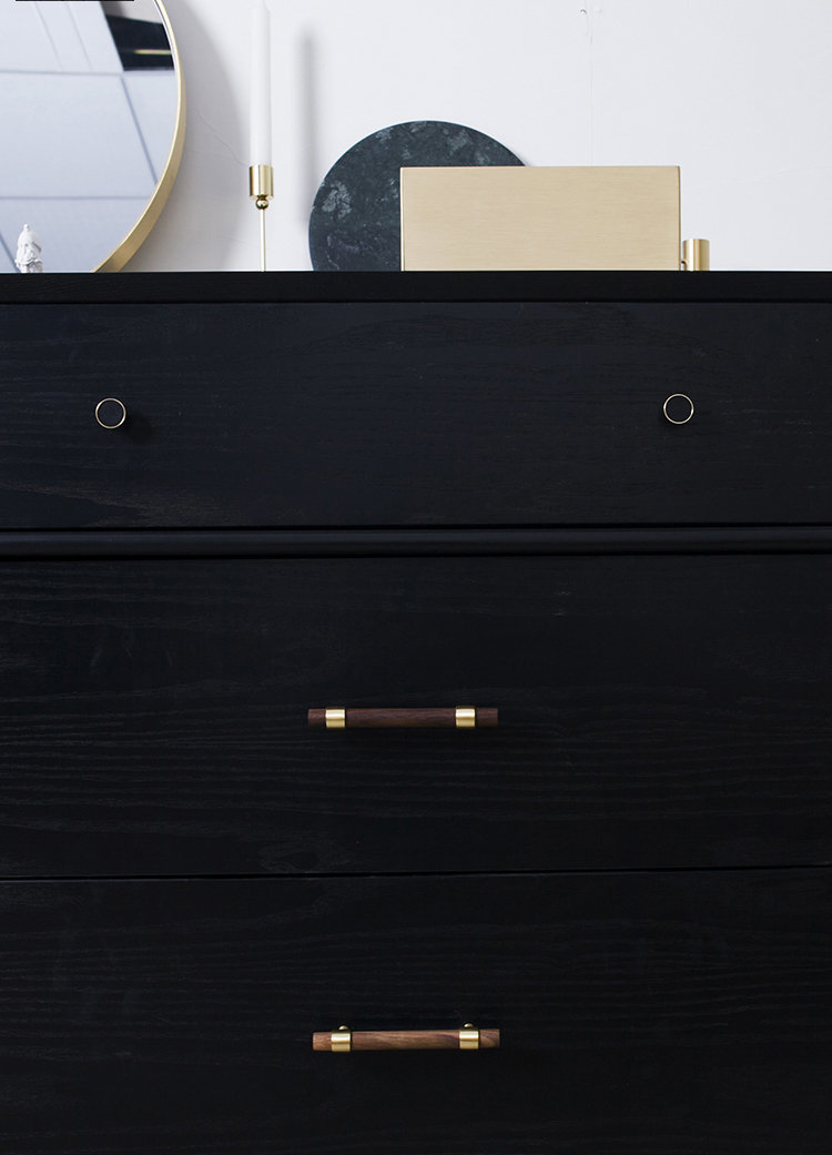 Dark brown wood and gold brass cylindrical shaped bar handle/wooden drawer pull/kitchen furniture hardware/modern cabinet handle/simple look