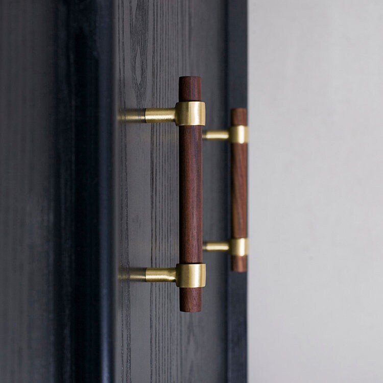 Dark brown wood and gold brass cylindrical shaped bar handle/wooden drawer pull/kitchen furniture hardware/modern cabinet handle/simple look