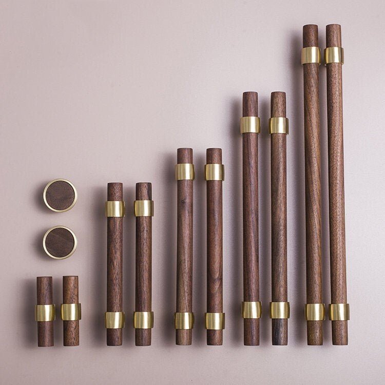 Dark brown wood and gold brass cylindrical shaped bar handle/wooden drawer pull/kitchen furniture hardware/modern cabinet handle/simple look