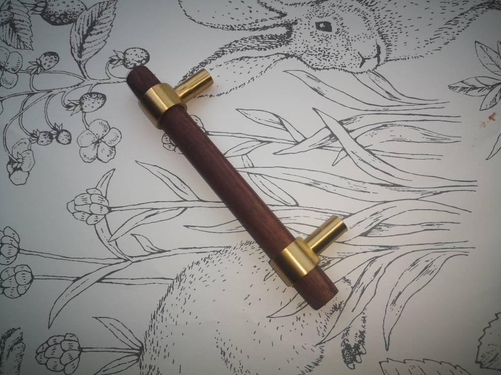 Dark brown wood and gold brass cylindrical shaped bar handle/wooden drawer pull/kitchen furniture hardware/modern cabinet handle/simple look