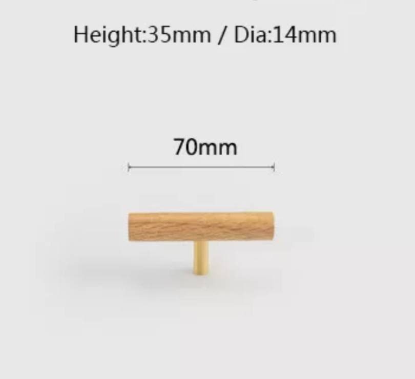 Smooth light wood and brass cabinet bar handle/Ash, Beech or Oak drawer pull/Wooden furniture hardware/Light wood and gold brass door handle