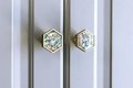 Rainbow mother of pearl and gold brass hexagonal drawer pull/Geometric pearl cabinet handle/Iridescent shell door knob/Abalone pearl handle
