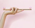 Shiny gold brass bar handle resting on semi precious stone balls/colourful cabinet handle/stone furniture hardware/crystal drawer pull