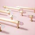 Luxury gold and rose pink quartz crystal hexagonal bar pull/gemstone drawer pull/crystal cabinet handle/gold door handle/hexagonal knob
