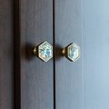 Rainbow mother of pearl and gold brass hexagonal drawer pull/Geometric pearl cabinet handle/Iridescent shell door knob/Abalone pearl handle