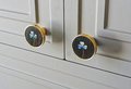 Round gold brass walnut wood and shell inlay drawer pull/Intricate pearl inlay cabinet pull/waterlily door handle/clover leaf design handle