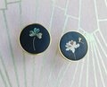 Round gold brass walnut wood and shell inlay drawer pull/Intricate pearl inlay cabinet pull/waterlily door handle/clover leaf design handle