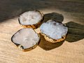 White quartz crystal slice drawer pull/Raw crystal cabinet handle/Crystal furniture hardware/Crystal and brass cabinet pull/Geode door knob