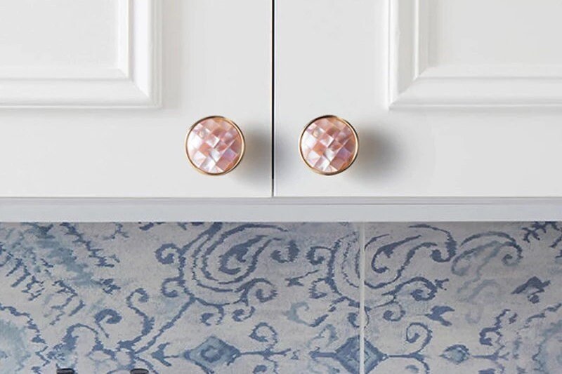 Checked pink mother of pearl drawer pull/pink pearl cabinet handle/pearl furniture hardware/pink shell cabinet pull/gold pearl door knob