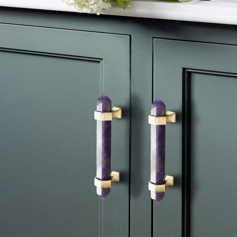 Luxury hexagonal purple amethyst crystal bar handle with gold brass fixings/Purple gemstone drawer pull/stone hardware/Amethyst door handle