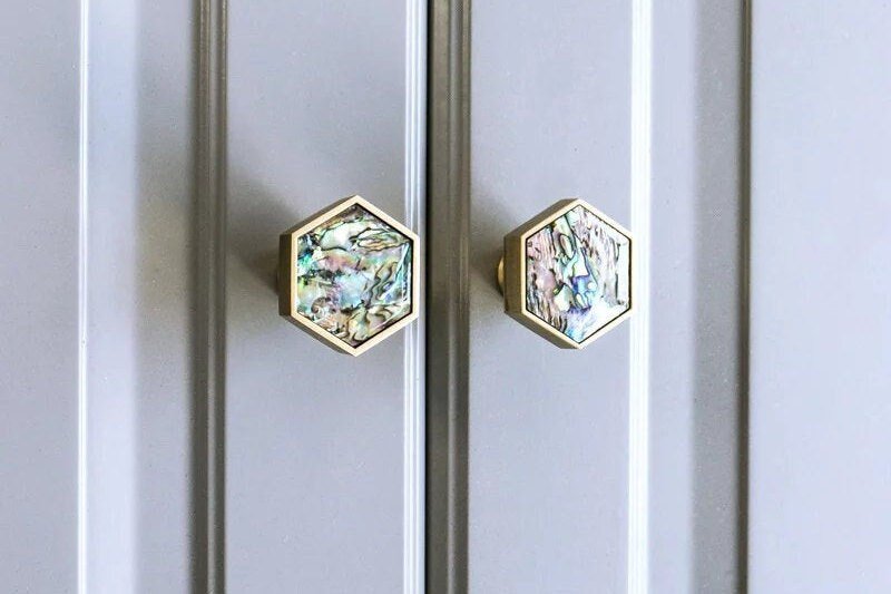 Rainbow mother of pearl and gold brass hexagonal drawer pull/Geometric pearl cabinet handle/Iridescent shell door knob/Abalone pearl handle