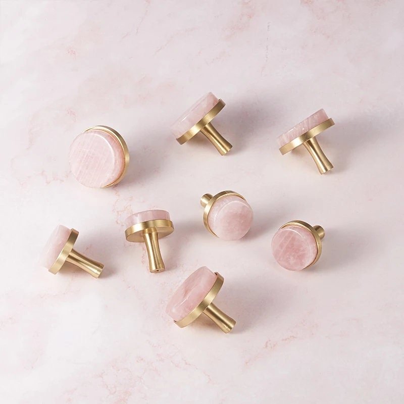 Round rose quartz crystal and brass drawer pull/large gemstone cabinet handle/pink crystal and brass door handle/Semi precious stone handle