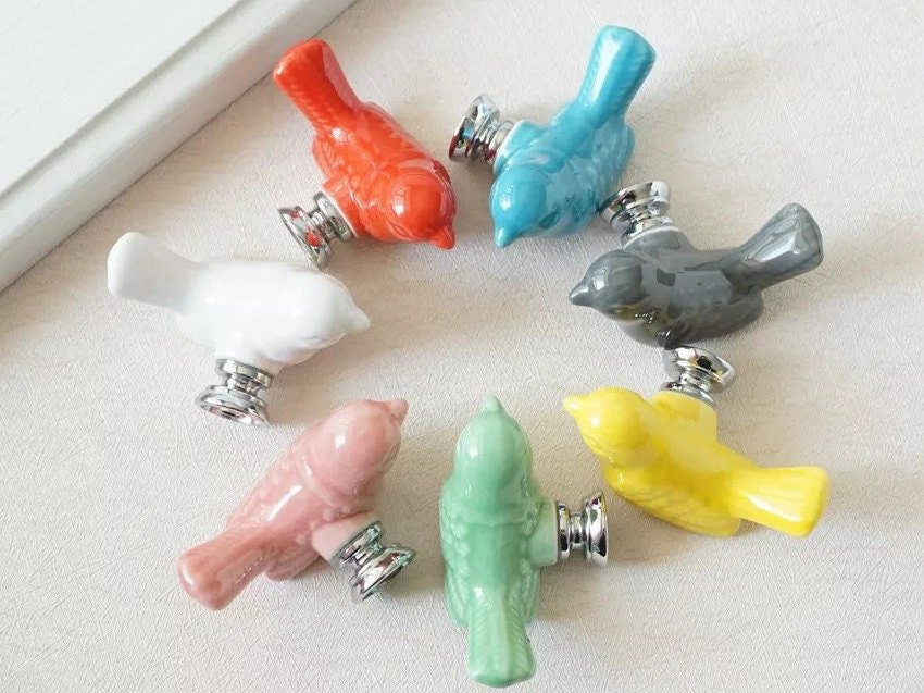 Cute colourful porcelain bird drawer handle/Chick shaped door knob/Colourful cottage style cabinet handle/bird shaped nursery door handles
