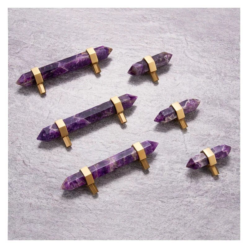 Luxury hexagonal purple amethyst crystal bar handle with gold brass fixings/Purple gemstone drawer pull/stone hardware/Amethyst door handle