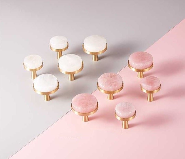 Round rose quartz crystal and brass drawer pull/large gemstone cabinet handle/pink crystal and brass door handle/Semi precious stone handle