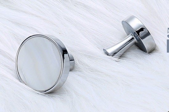 Round bright white mother of pearl and silver drawer handle/White pearl and shiny silver cabinet handle/Pearl shell and silver door knob