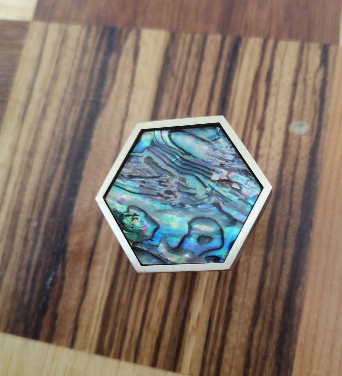 Rainbow mother of pearl and gold brass hexagonal drawer pull/Geometric pearl cabinet handle/Iridescent shell door knob/Abalone pearl handle