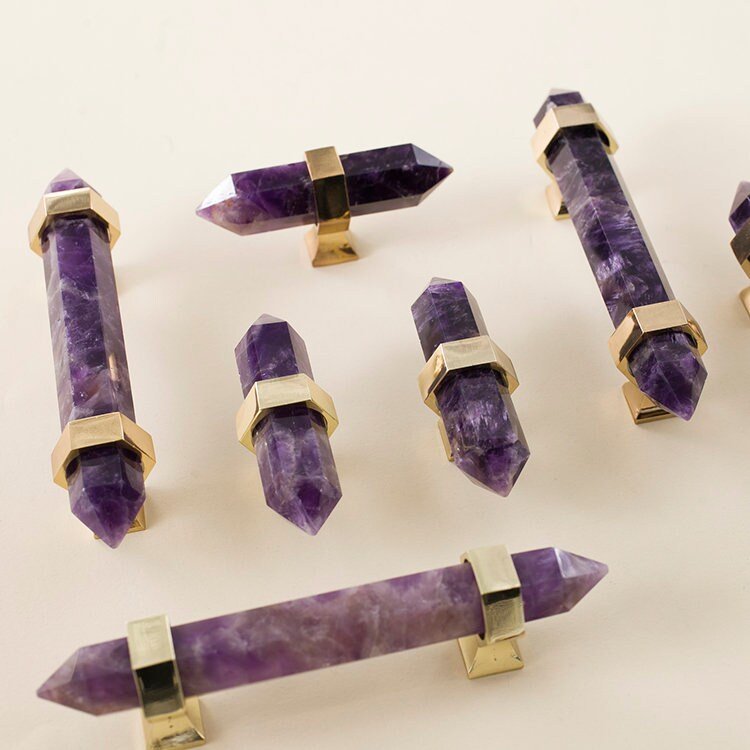 Luxury hexagonal purple amethyst crystal bar handle with gold brass fixings/Purple gemstone drawer pull/stone hardware/Amethyst door handle