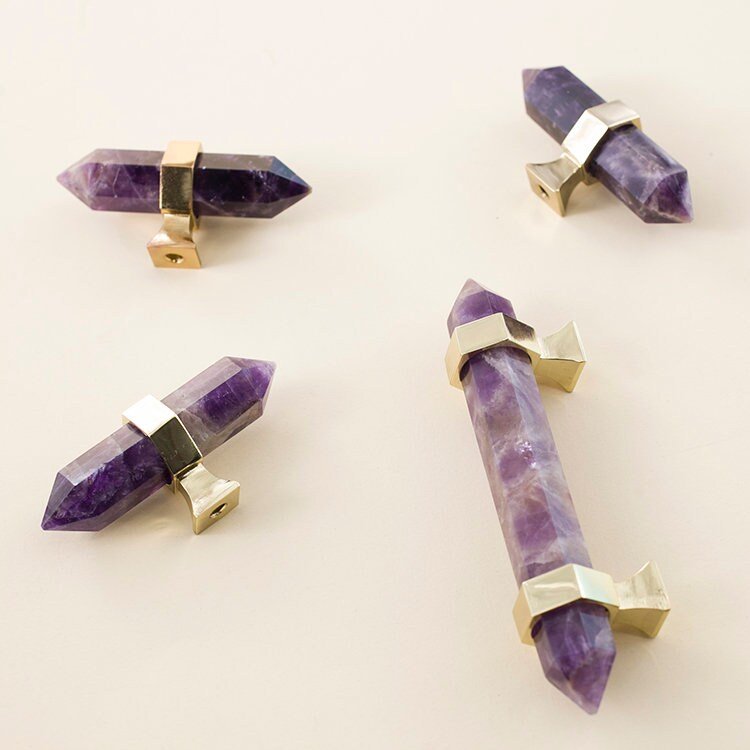 Luxury hexagonal purple amethyst crystal bar handle with gold brass fixings/Purple gemstone drawer pull/stone hardware/Amethyst door handle