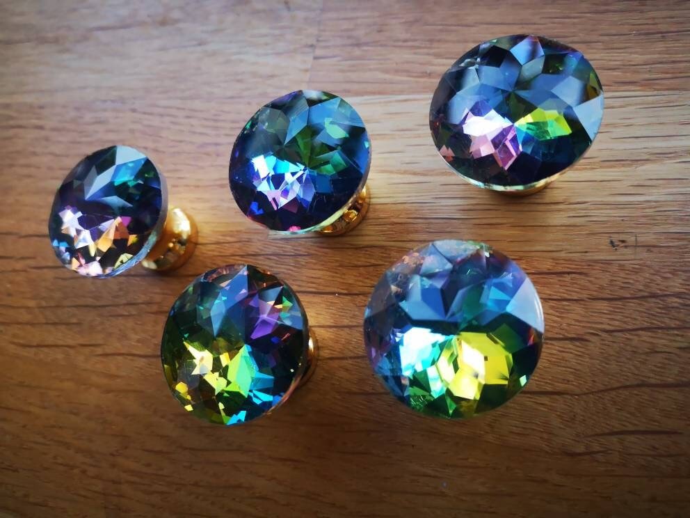 Sparkly rainbow crystal and gold cabinet pull/Glittery crystal door handle/Rainbow crystal drawer knob/ Furniture hardware/nursery decor