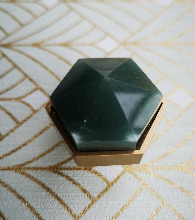 Green jade hexagonal shaped drawer pull/Green semi precious stone and brass cabinet handle/Geometric door knob/stone furniture hardware