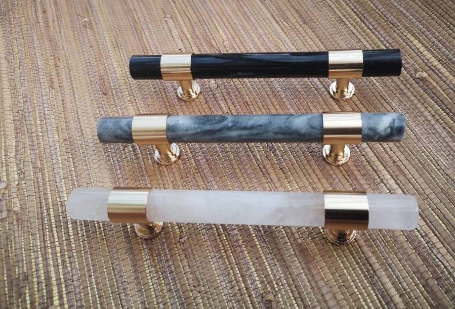 Smoke grey marble and brass bar handle/gray marble drawer pull/stone furniture hardware/marble and brass cabinet pull/Marble door handle