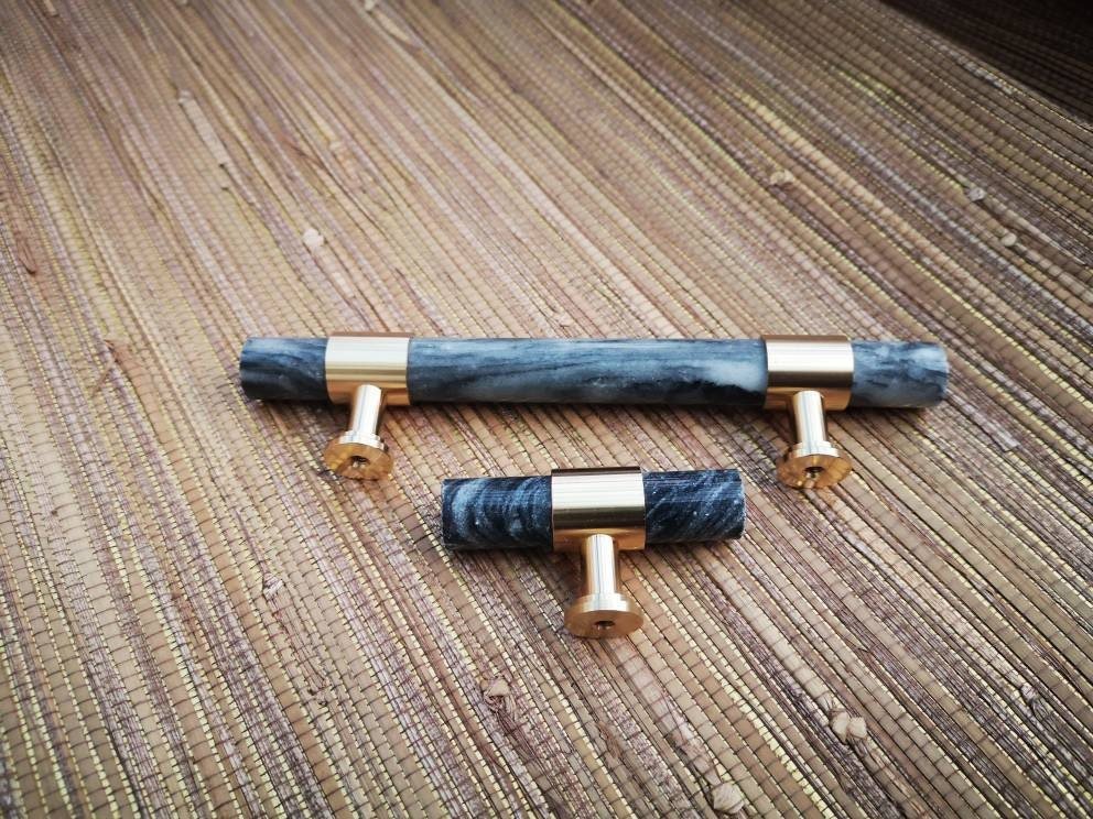 Smoke grey marble and brass bar handle/gray marble drawer pull/stone furniture hardware/marble and brass cabinet pull/Marble door handle