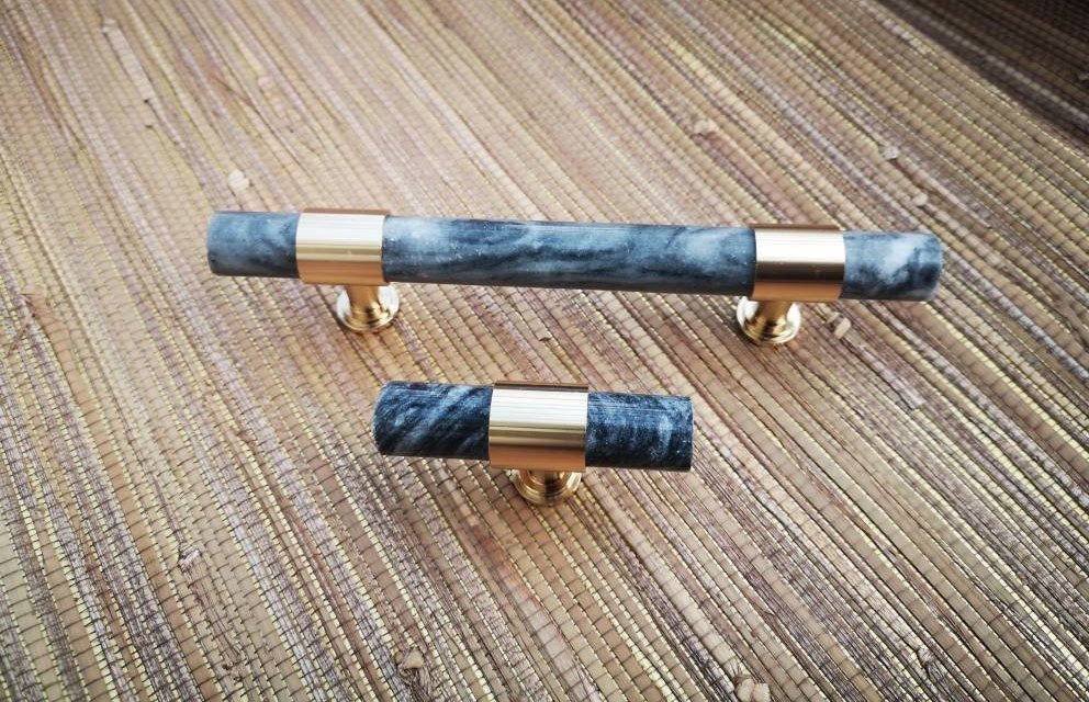 Smoke grey marble and brass bar handle/gray marble drawer pull/stone furniture hardware/marble and brass cabinet pull/Marble door handle