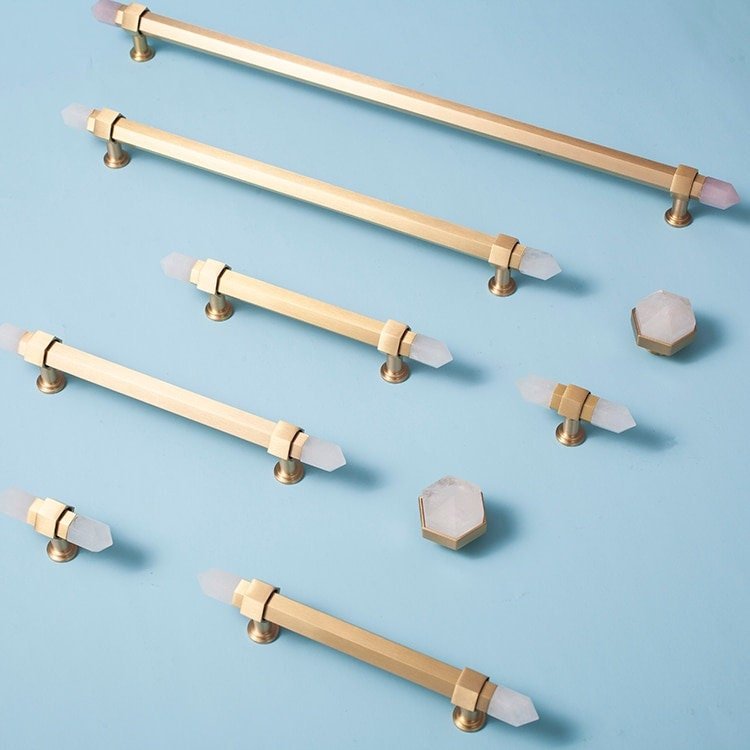 Luxury brass and white quartz crystal hexagonal bar pulls/gemstone drawer pulls/crystal cabinet handles/gold door handles/hexagonal knob