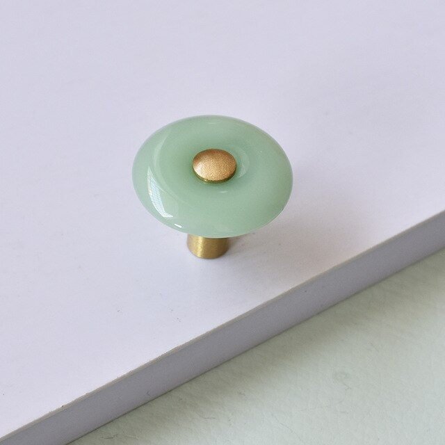 Round green or white resin and brass drawer handle/Green or white cabinet pull/Round brass and green resin door knob/Green drawer knob/MCM