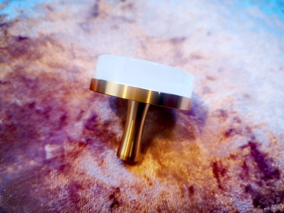 Round white quartz crystal and brass drawer pull/large gemstone cabinet handle/white crystal and brass door handle/Gemstone hardware