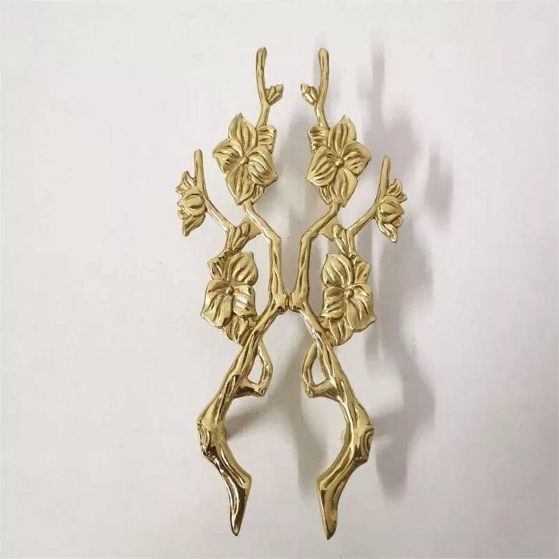 A pair of gold flower blossom drawer handles/2 gold brass branch and flower design cabinet pulls/Flower shaped wardrobe door handles