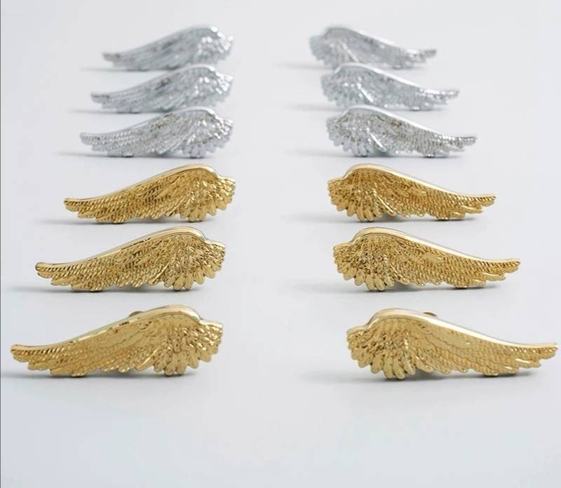 Small shiny gold or silver angel wing cabinet pull/Feathered wing drawer handle/Shiny furniture hardware/small bird wing shaped door knob