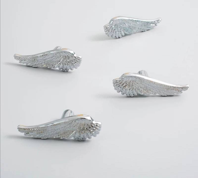 Small shiny gold or silver angel wing cabinet pull/Feathered wing drawer handle/Shiny furniture hardware/small bird wing shaped door knob