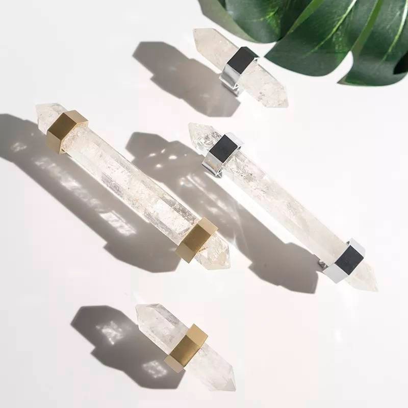 Luxury hexagonal white quartz crystal cabinet bar handle with gold or silver fixings/gemstone drawer pull/semi precious stone door handle