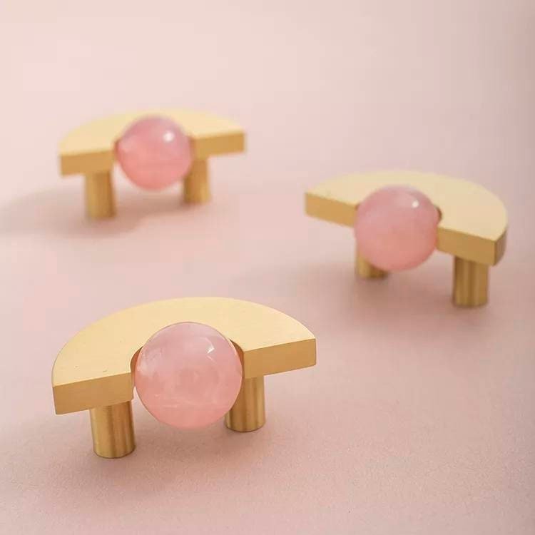 Brass and crystal semi circle shaped handle/pink or white stone ball drawer pull/retro drawer handle/wardrobe door handle/gold cabinet knob