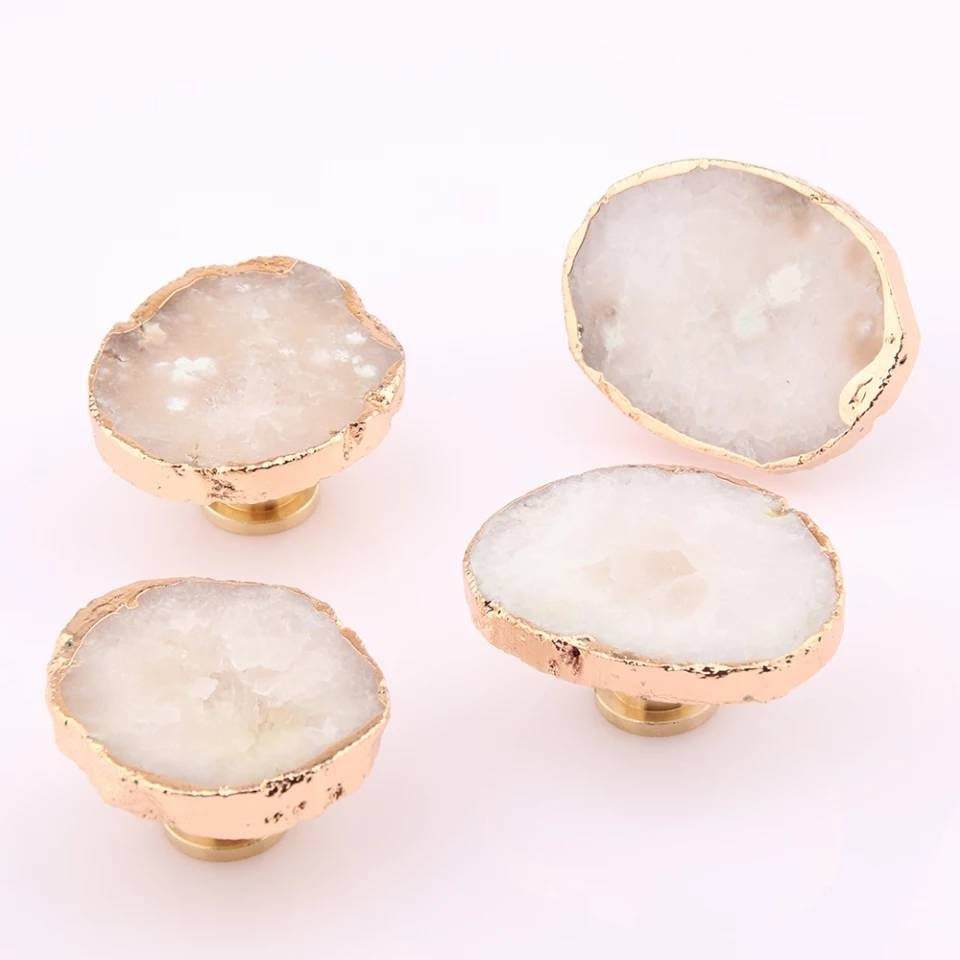 White quartz crystal slice drawer pull/Raw crystal cabinet handle/Crystal furniture hardware/Crystal and brass cabinet pull/Geode door knob