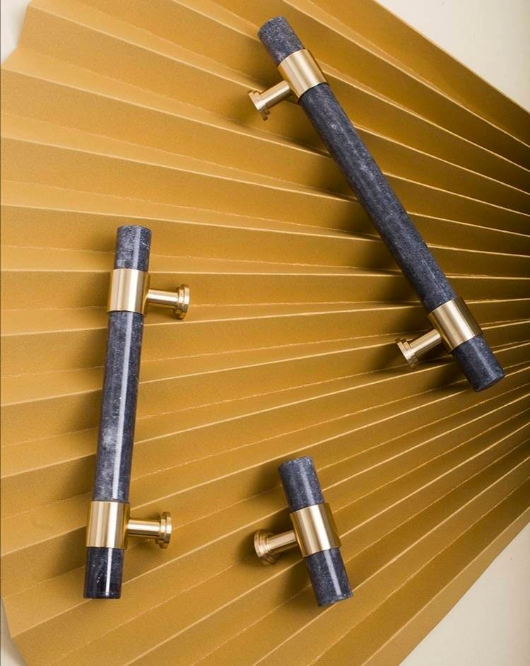 Smoke grey marble and brass bar handle/gray marble drawer pull/stone furniture hardware/marble and brass cabinet pull/Marble door handle