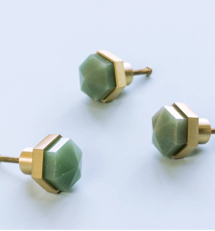 Green jade hexagonal shaped drawer pull/Green semi precious stone and brass cabinet handle/Geometric door knob/stone furniture hardware