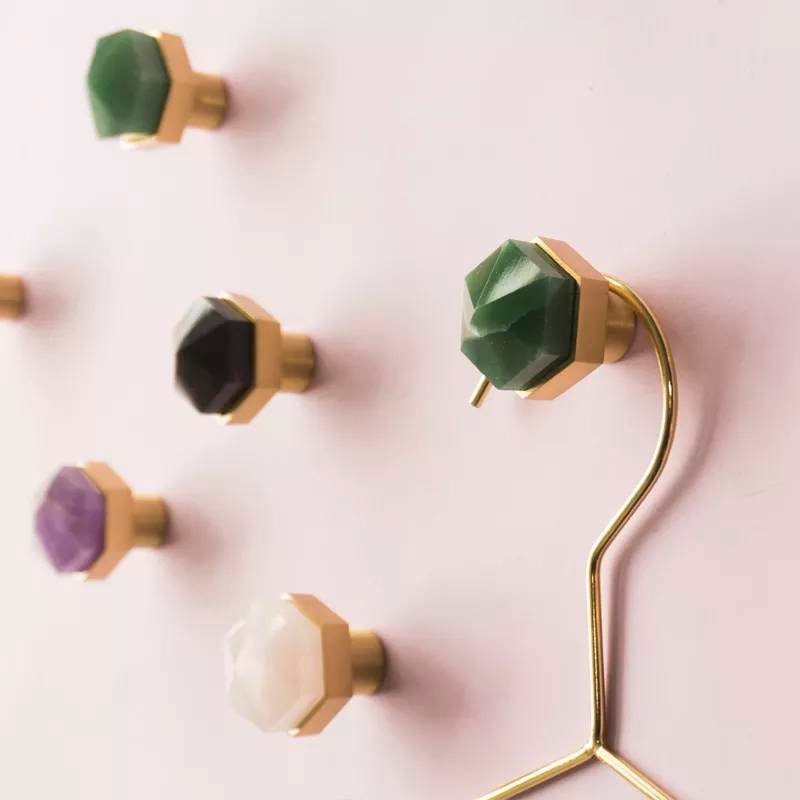 Green jade hexagonal shaped drawer pull/Green semi precious stone and brass cabinet handle/Geometric door knob/stone furniture hardware