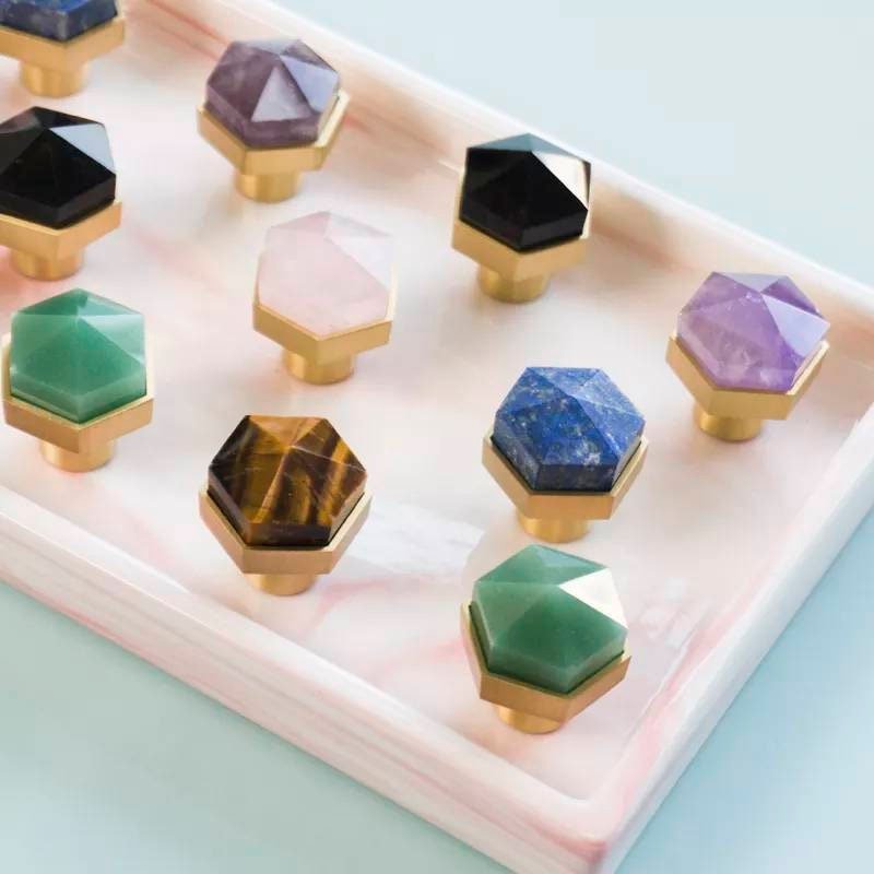 Green jade hexagonal shaped drawer pull/Green semi precious stone and brass cabinet handle/Geometric door knob/stone furniture hardware