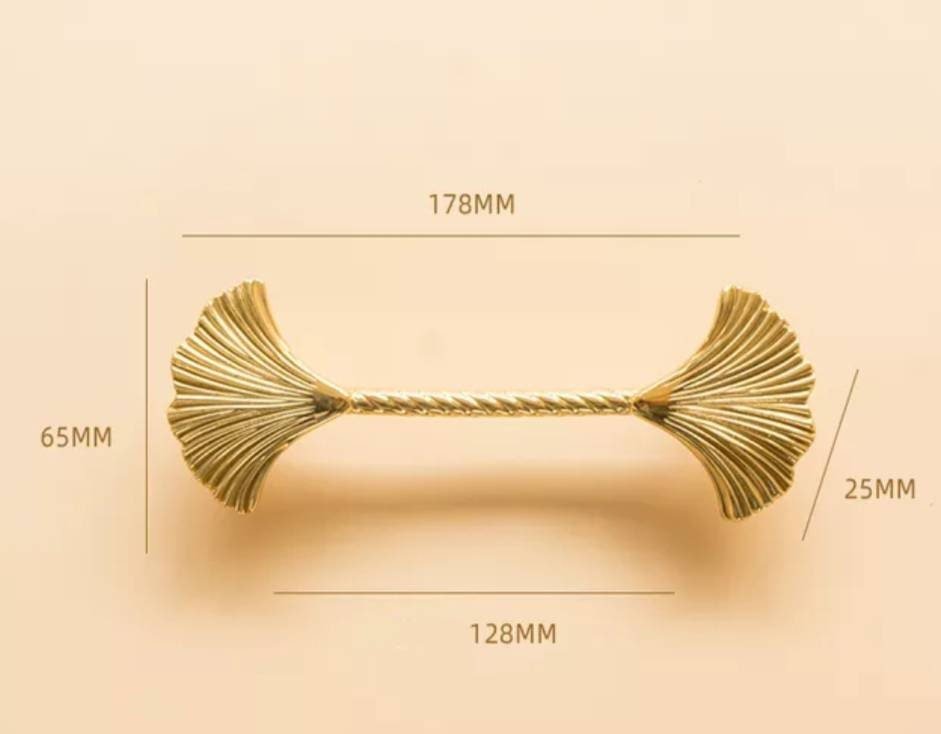 Gold Ginkgo leaf and rope design bar handle/Brass maidenhair tree leaf shaped cabinet pull/Brass leaf shaped door handle/Gingko drawer knob