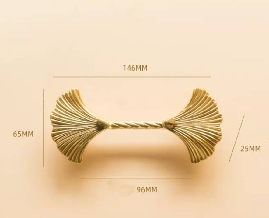 Gold Ginkgo leaf and rope design bar handle/Brass maidenhair tree leaf shaped cabinet pull/Brass leaf shaped door handle/Gingko drawer knob