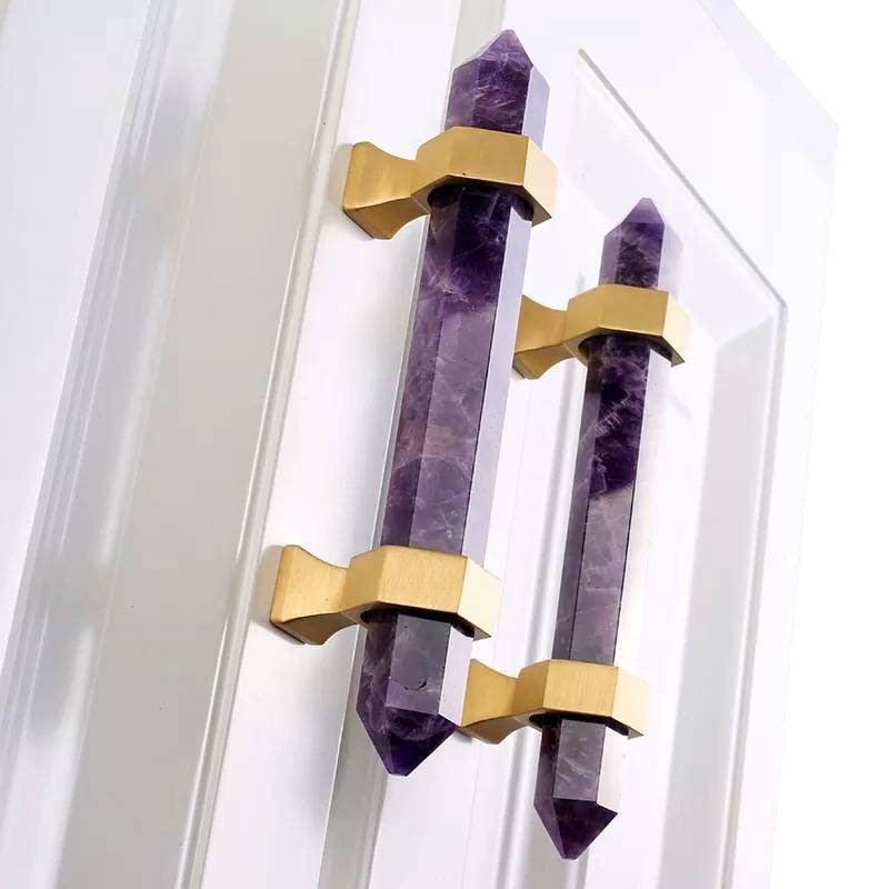 Luxury hexagonal purple amethyst crystal bar handle with gold brass fixings/Purple gemstone drawer pull/stone hardware/Amethyst door handle