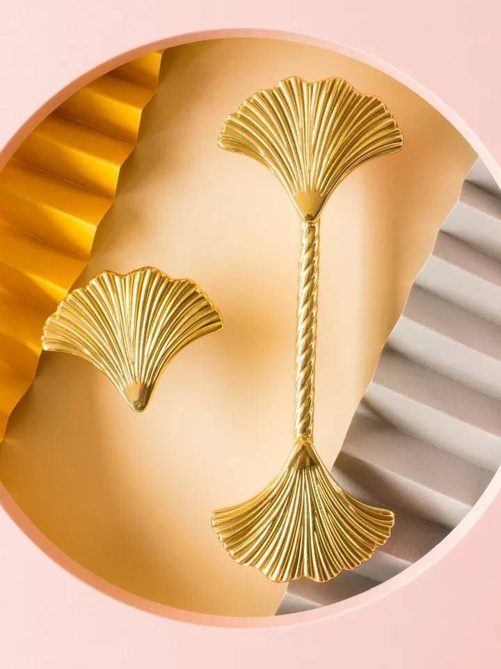 Gold Ginkgo leaf and rope design bar handle/Brass maidenhair tree leaf shaped cabinet pull/Brass leaf shaped door handle/Gingko drawer knob