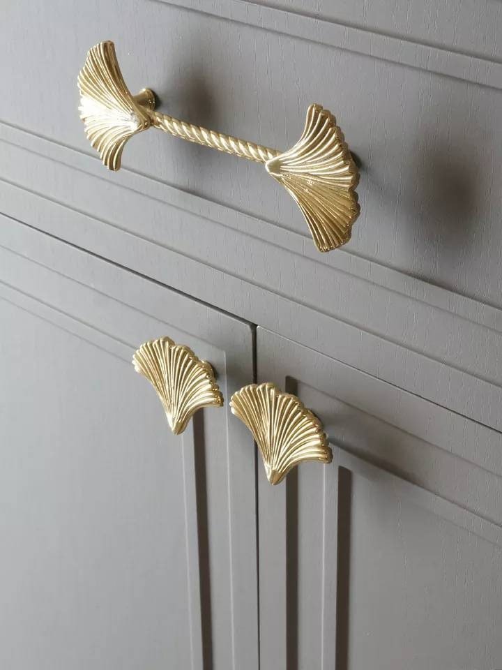 Gold Ginkgo leaf and rope design bar handle/Brass maidenhair tree leaf shaped cabinet pull/Brass leaf shaped door handle/Gingko drawer knob