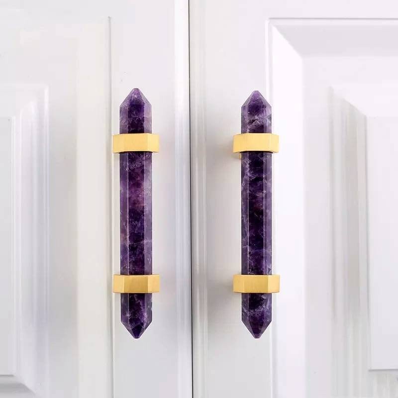 Luxury hexagonal purple amethyst crystal bar handle with gold brass fixings/Purple gemstone drawer pull/stone hardware/Amethyst door handle