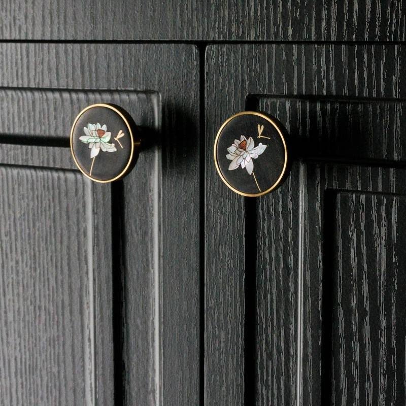 Round gold brass walnut wood and shell inlay drawer pull/Intricate pearl inlay cabinet pull/waterlily door handle/clover leaf design handle