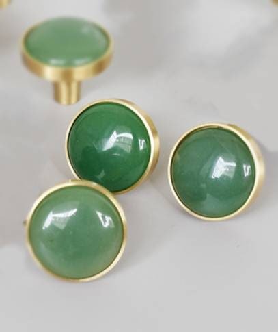 Round polished apple green jade drawer handle/Green stone and gold brass cabinet pull/Leaf green gemstone door knob/Green stone hardware