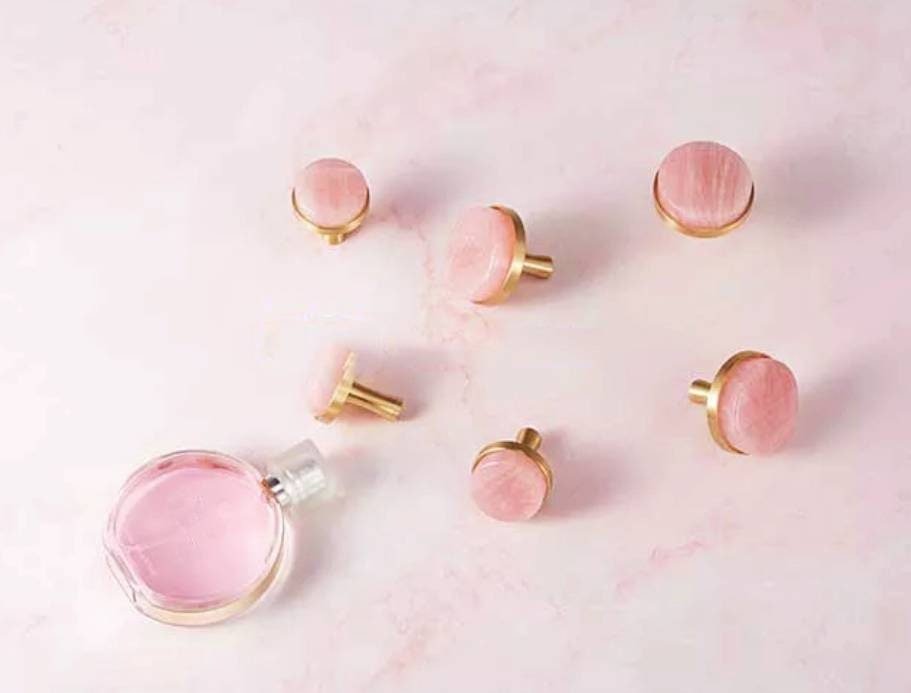 Round rose quartz crystal and brass drawer pull/large gemstone cabinet handle/pink crystal and brass door handle/Semi precious stone handle